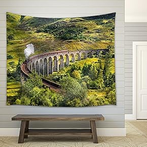 Glenfinnan Railway Viaduct in Scotland with The Jacobite Steam Train Passing Over - Fabric Wall Tapestry Home Decor - 51x60 inches