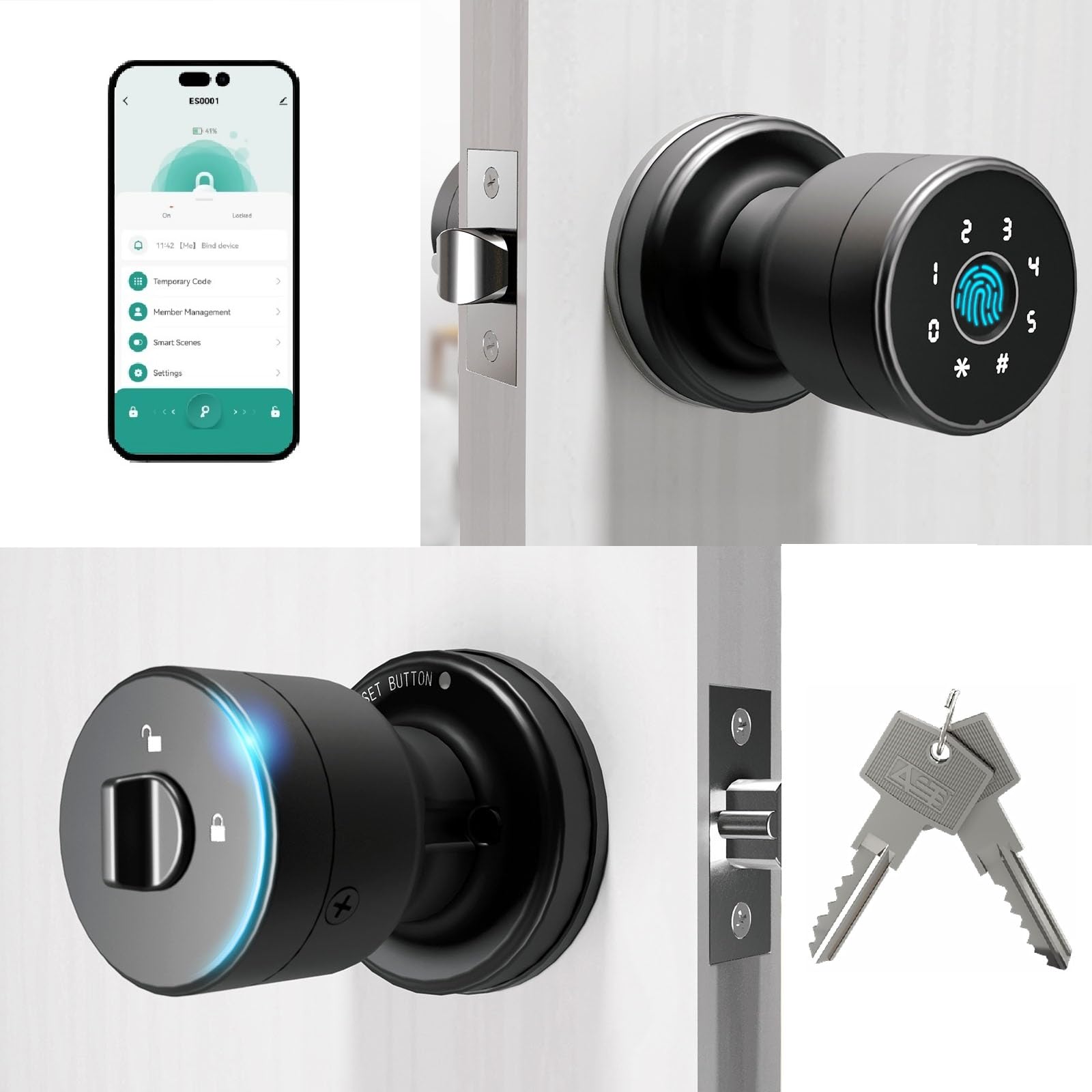 Photo 1 of AST 4 in 1 Keyless Door Knob with keypad, Smart Door Knob, Interior Snib Lock for Kidproof or Petproof, Auto Lock, Passage Mode, Fingerprint Doorknob, Made of Zinc Alloy, APP Control, Matte Black