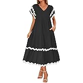 ZESICA Womens 2026 Summer Casual Midi Dresses V Neck Flutter Short Sleeve Ruffle Tiered A Line Flowy Beach Long Dress