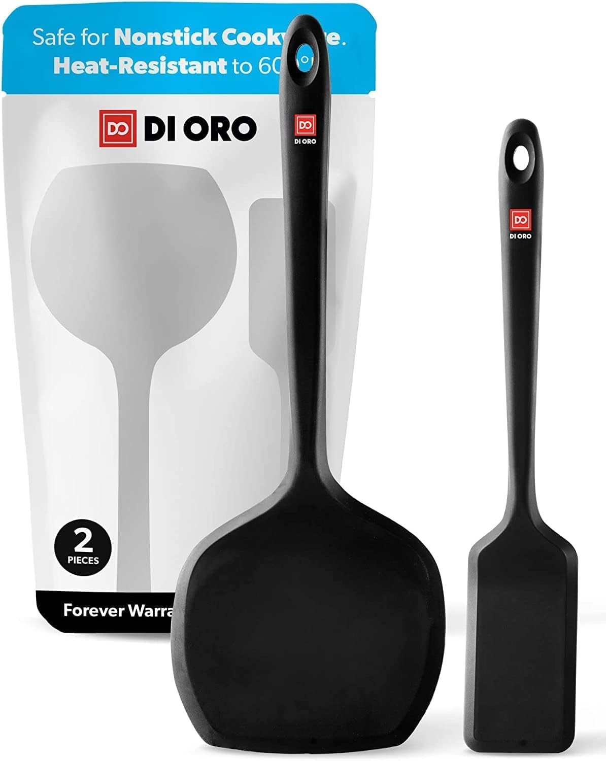 DI ORO Spatulas for Cooking - Silicone Spatulas for Cooking Heat-Resistant up to 315° - Fish Slice for Non Stick Pans BPA Free - Sturdy Kitchen Turner Spatulas for Pancakes & Eggs (2pc, Black)