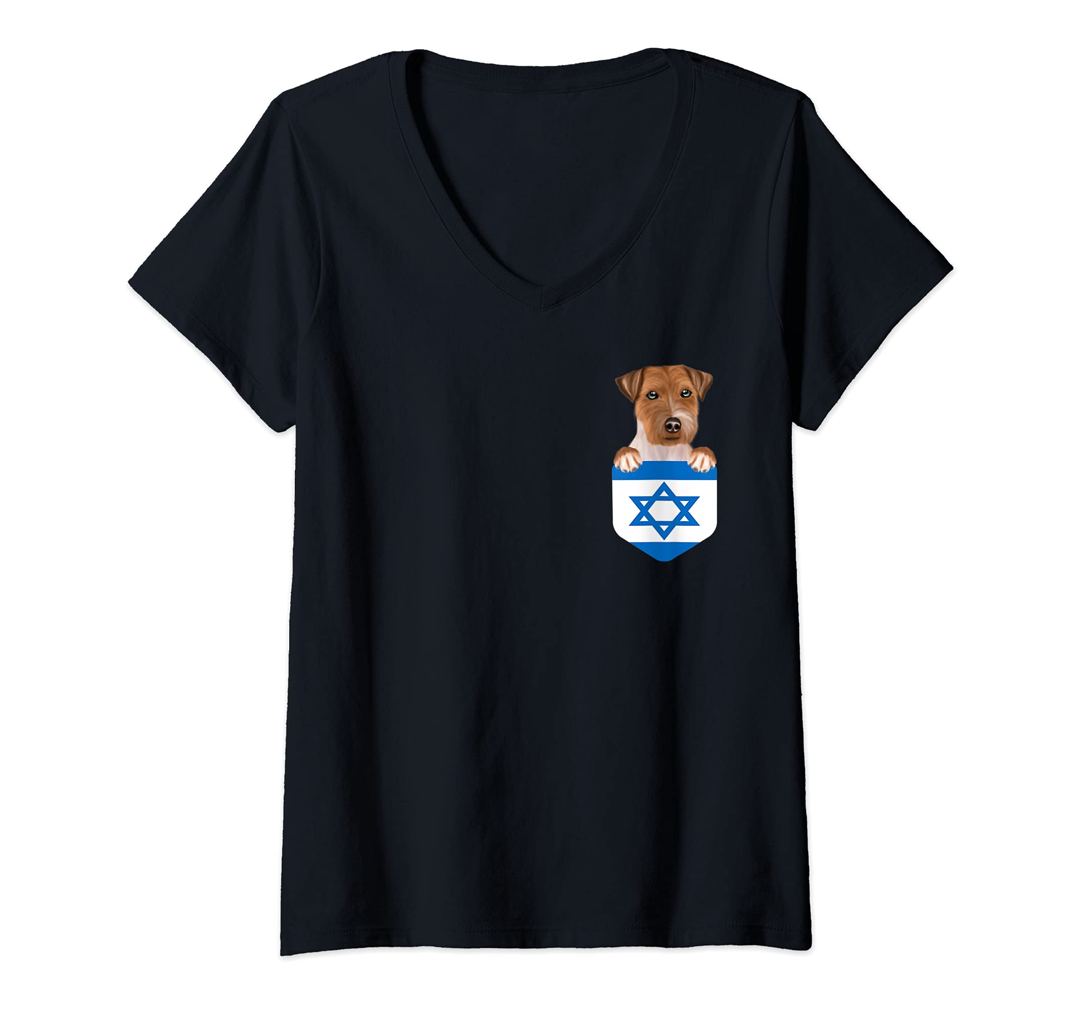 Womens Israel Flag Russell Terrier Dog In Pocket V-Neck T-Shirt