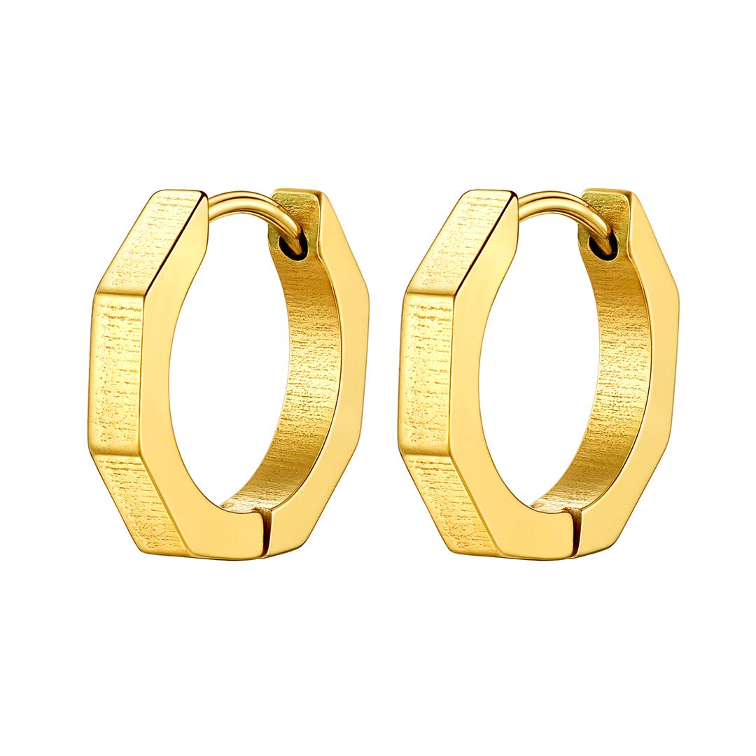 GoldChic Gold Stainless Steel Huggie Earrings for Men Geometric Octagon Small Stud Punk Pierced Hypoallergenic Earring Cool Men's Jewellery For Boys