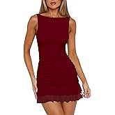 HOCILLE Women's Sexy Bodycon Boat Neck Mini Dresses Sleeveless Ruched Ruffle Hem Club Party Short Dress
