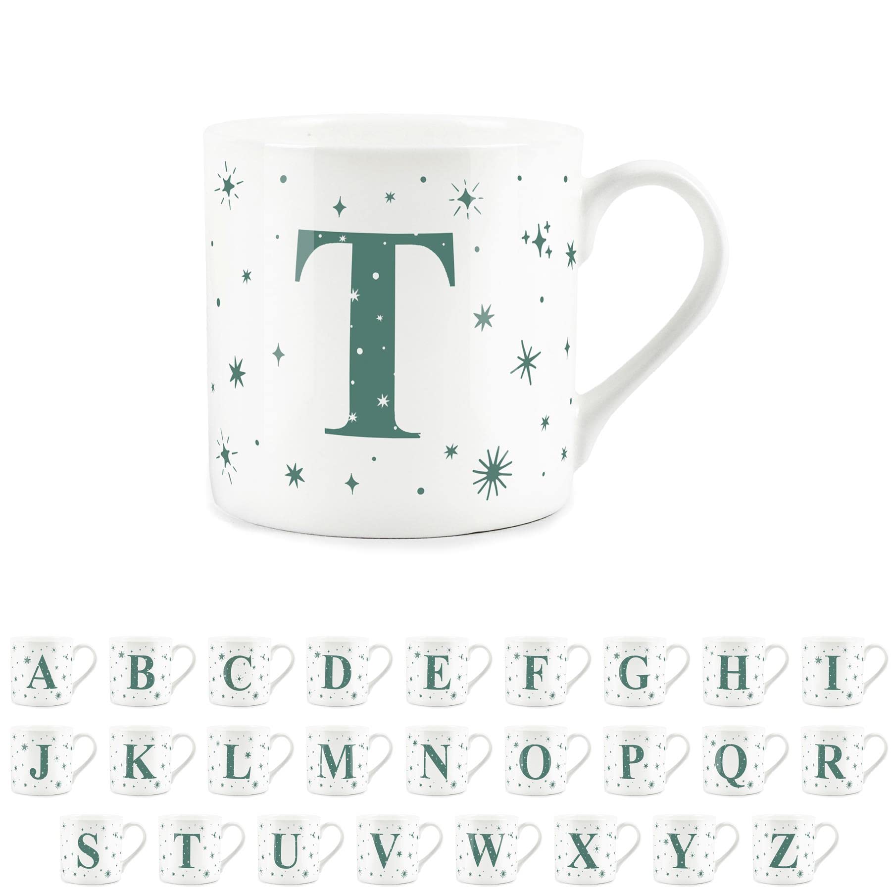 Purely Home Letter T Star Mug - Bone China White Coffee/Tea Present Gift - Alphabet Letter Mug with Stars in Teal Green Blue