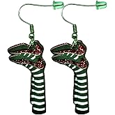 Purple Myrtle Wicked Witch Dangle Earrings, Green Striped Stockings with Glitter Ruby Slippers, Fan-Made Wizard Costume Jewelry, 2.5 Inches