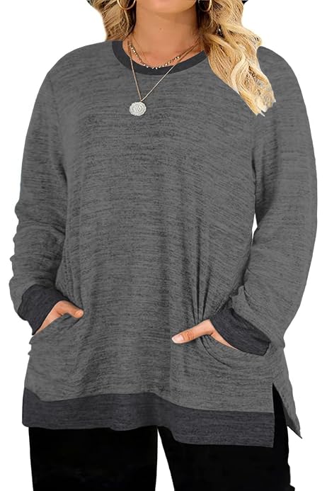Plus Size Sweatshirts for Women Long Sleeve Fall Crewneck Tunic Tops  Lightweight Sweaters with Pockets Black 2X at Amazon Women's Clothing store