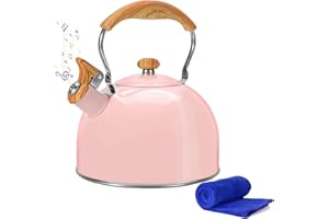 Foedo Tea Kettle,Whistling Tea Kettle Stovetop 2.6 Quart, Tea Pots for Stove Top Food Grade Stainless Steel,Wood Pattern Handle(Pink),With Anti Scald Towel