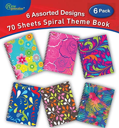 New Generation - Floral - 1 Subject 70 Sheets 8" x 10.5" wirebound Spiral Notebook , 6 PACK ,COLLEGE Ruled , Heavy Duty covers ,3 Hole Punch (6 PACK SPIRAL NOTEBOOK COLLEGE RULED) - Thumbnail 7