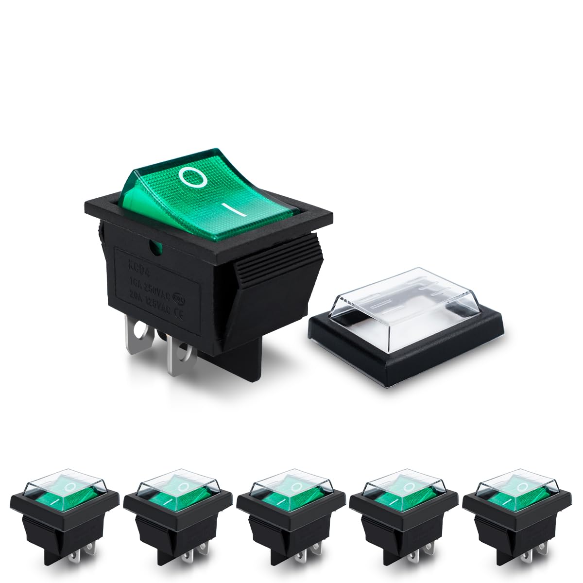 Innfeeltech 6 Pcs Mini Rocker Switch Green KCD4-101 4 Pin 4 Position Toggle Switch with 3 Waterproof Caps