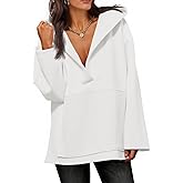 Fisoew Women's Hoodies Oversized Sweatshirts Casual Fleece V Neck Long Sleeve Hooded Loose Fall Winter Pullover Tops