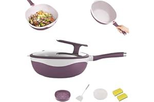 12.6in Titanium Ceramic Non-Stick Wok, Multi-Functional Steaming and Boiling Non-Stick Cooking Wok Ceramic Light Oil Smoke Le