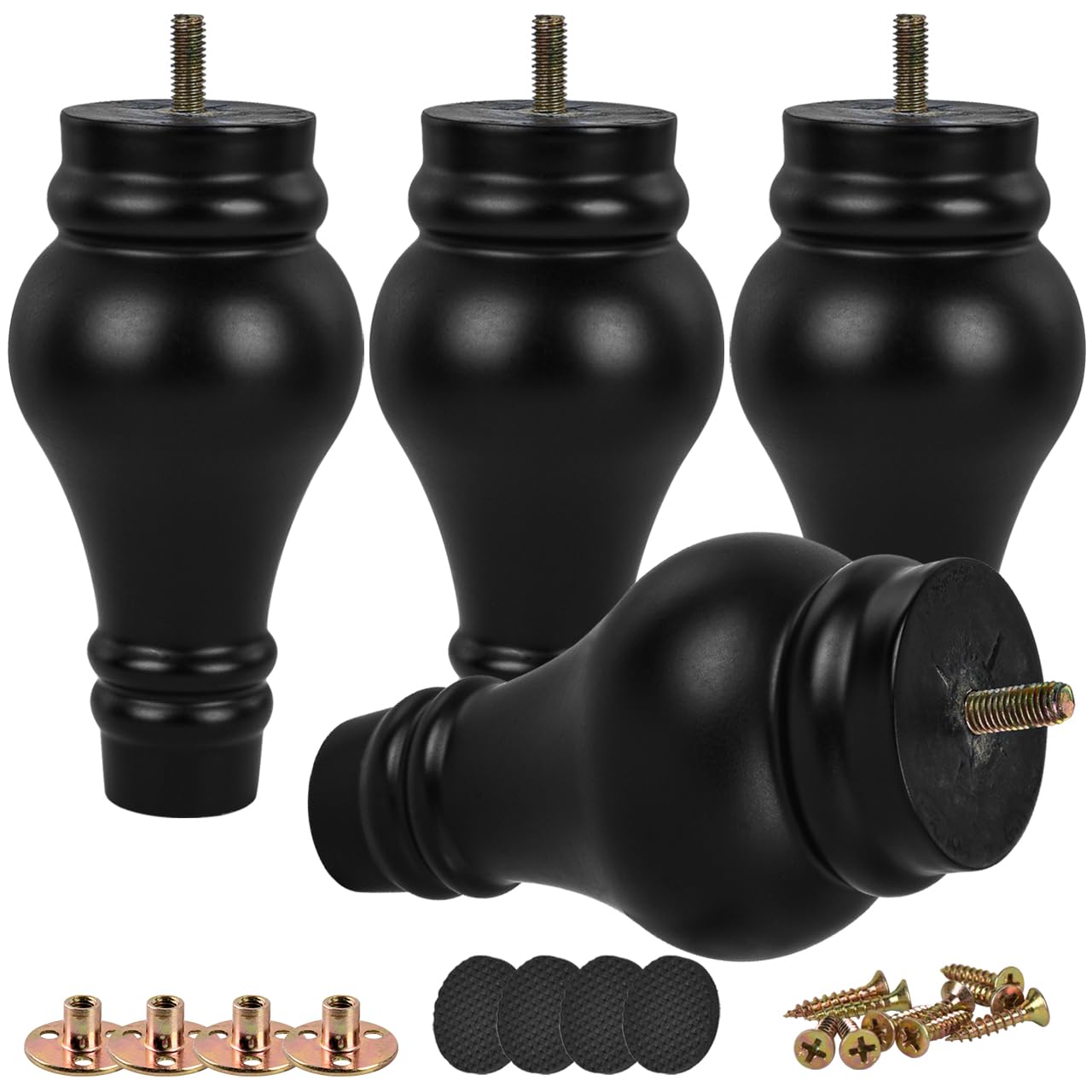 Btowin 5.6 Inch / 14cm Solid Wood Furniture Legs, 4Pcs Black Round Gourd Wooden Bun Feet with Threaded M8 Hanger Bolts & Mounting Plate & Screws for Sofa Couch Cabinet Chair Ottoman