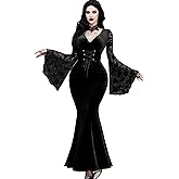 InGoticos Women Gothic Bandage Waist Sleeve Lace Patchwork Fishtail Goth Witch Dress for Halloween