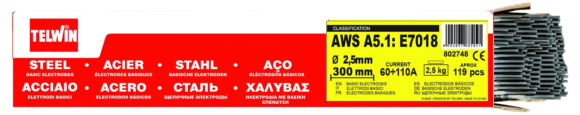 Telwin – Basic Package Steel AWS a5.1: E7018, Ø 2.5 x 350 mm, 2.5 kg, 1 Pack of 119 units