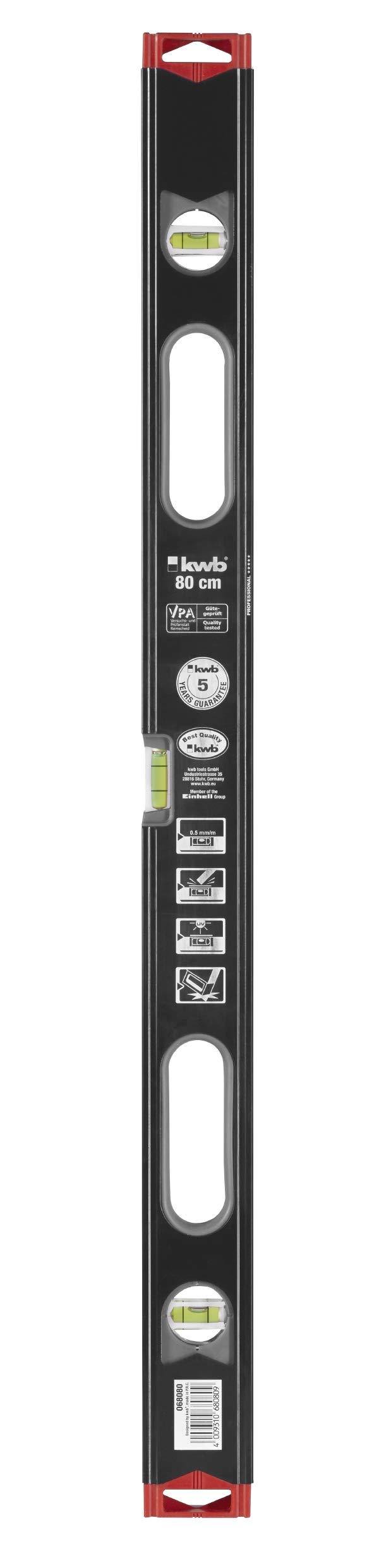 kwb 80cm Professional Spirit Level with Handle, 3 Vials, GS Certified, Black