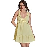 SHENHE Women's Backless Sleeveless Y2K Ruffle Hem Cami Dresses Deep V Neck Flowy Sundress Babydoll Dress