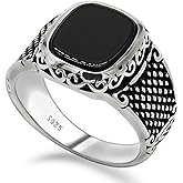 Solid 925 Sterling Silver Men's Ring Square Black Agate Men's Punk Ring Premium Jewelry Turkiye Style