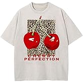 Women's Oversized Graphic Tees Cherry T Shirts Washed Vintage Casual Summer Baggy Cotton Tops Cute Grunge Shirt
