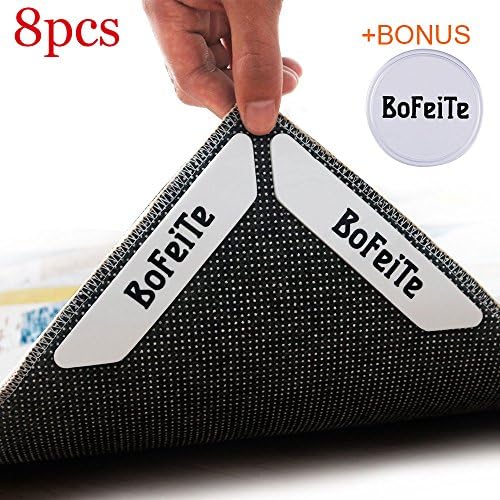 BoFeiTe 8Pcs Reusable Rug Grippers Premium Anti Curling Rug Gripper, Stops Rug Slipping,Rug Stopper Keeps Area Rug in Place &amp; Makes Corners Flat. Carpet Gripper with Reusable Gripper Tape