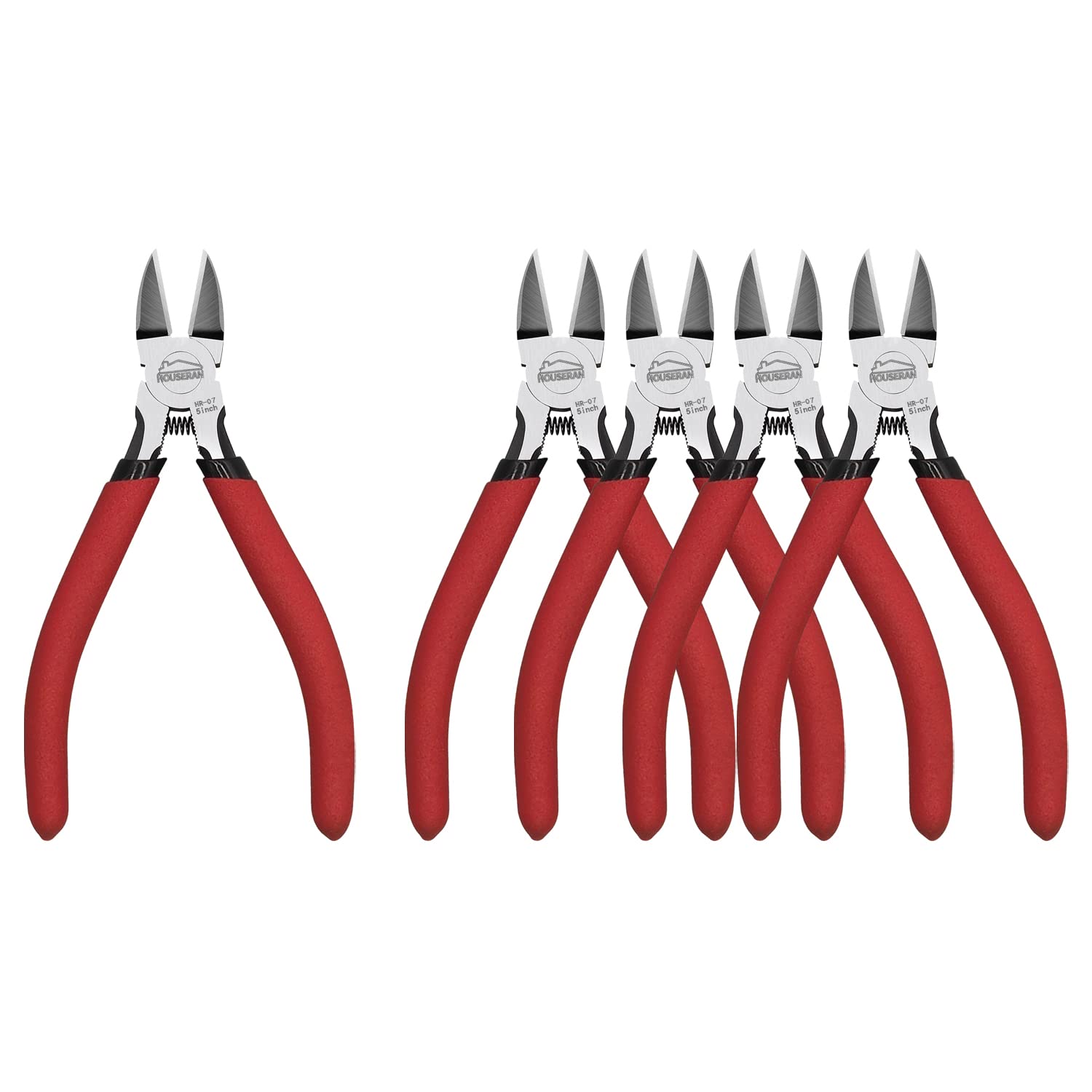 HOUSERAN Side Cutters Set of 5, 127 mm, Electronic Cutting Pliers with Non-Slip Red Handle, Small for Model Making, Crafts, Zips