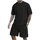COZYEASE Men's 2 Piece Outfits Short Sleeve Crewneck Summer T Shirt and Drawstring Casual Track Shorts Set