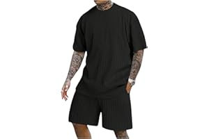 RoseSeek Men's 2 Piece Outfits Textured Drop Shoulder Short Sleeve Tee Tops and Short Sets Summer Outfits