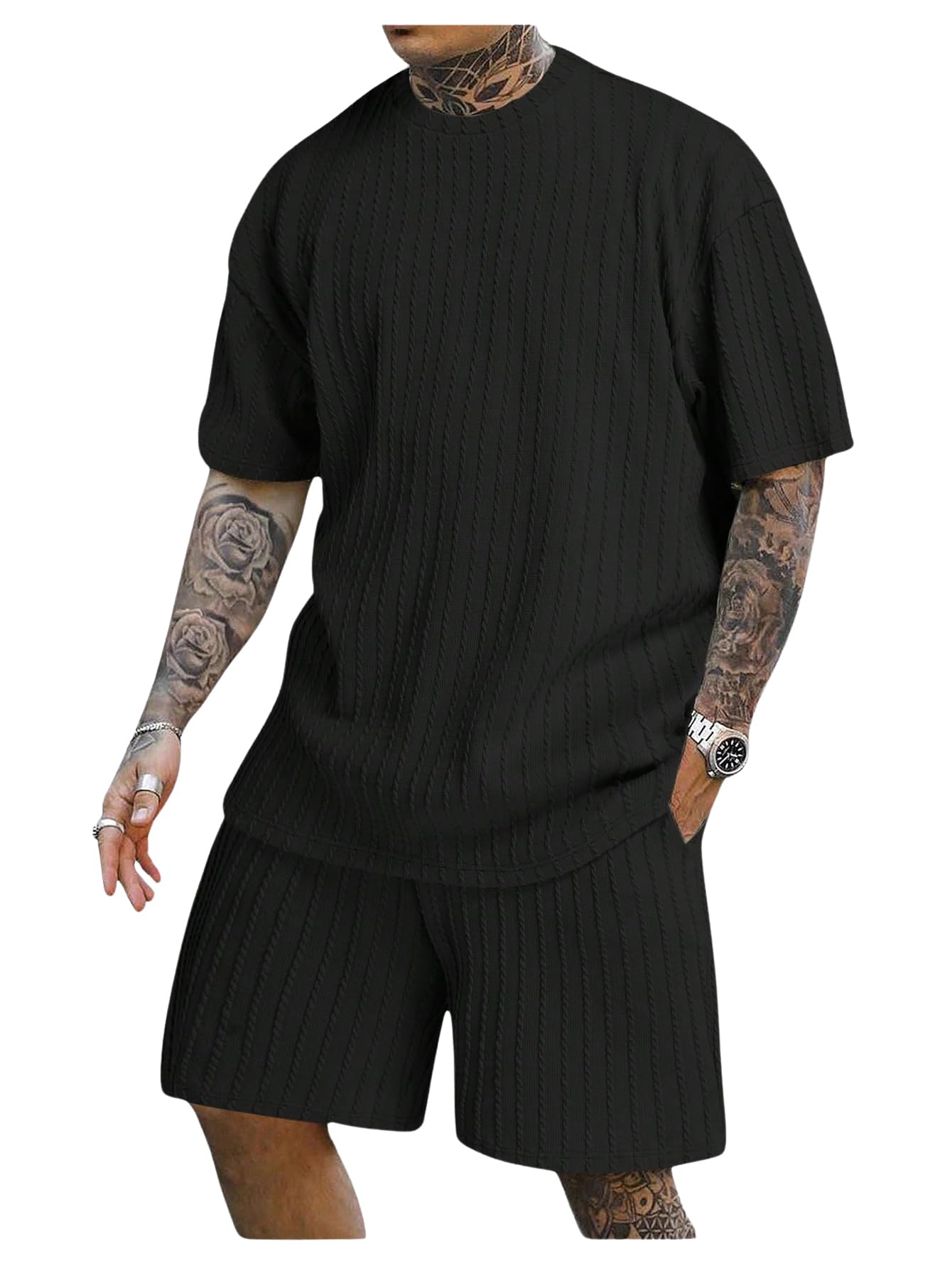 RoseSeek Men's 2 Piece Outfits Textured Drop
