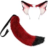 Odowalker 2 Pcs Wolf Fox Ears and Tail Set Furry Therian Tail and Ear, Cat Ear Wolf Tail Cosplay Costume Wolf Ear Headband and Tail Set for Halloween Christmas Women Men Red