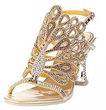 Honeystore Women's Rhinestone Peacock Patterned Handmade Sandals with Chunky Heel
