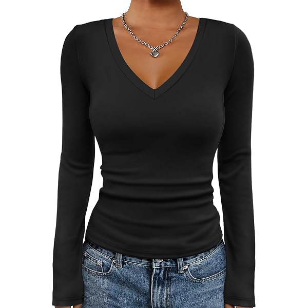 Emmalise Women's Basic V-Neck Long Sleeve Tee – Soft Stretch Cotton Blend - View #5