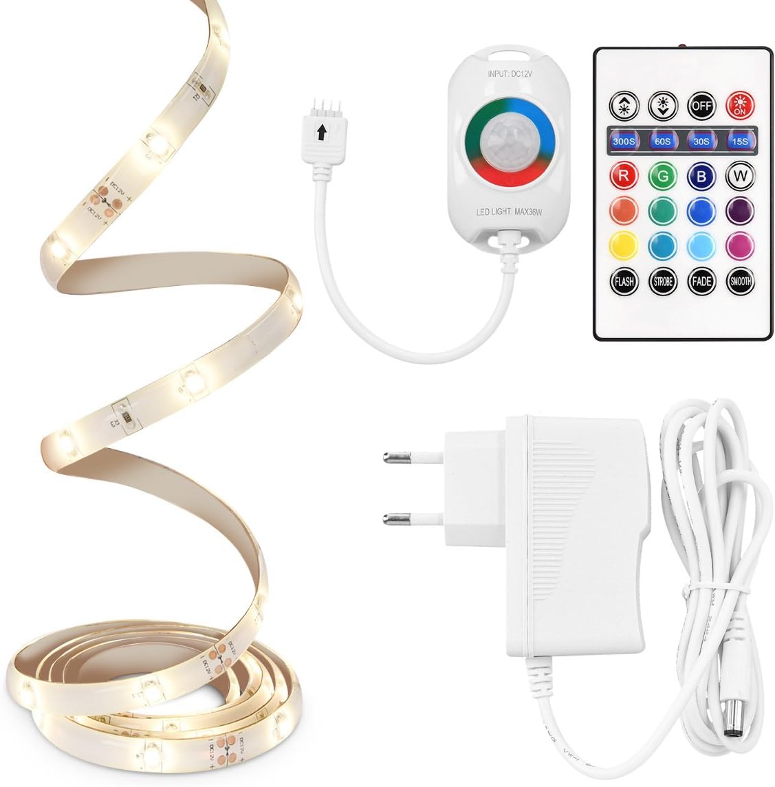 kwmobile tira de luz led rgb con sensor de movimiento 1 5m con mando a distancia temporizador banda adhesiva y regulador de intensidad