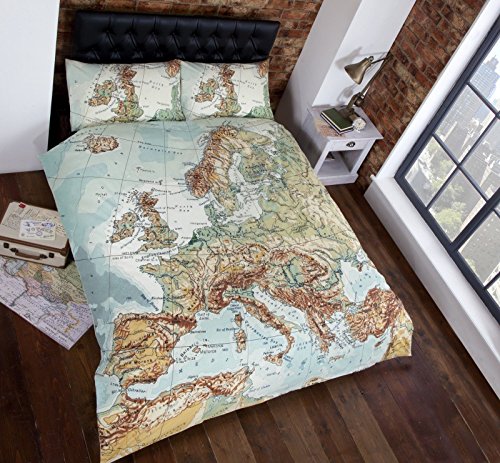 Double Bed European Map Photographic Print Duvet Cover Bed & 2 Pillowcases Set