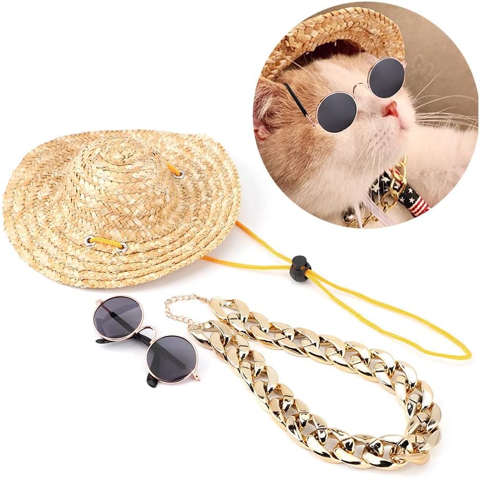 Pet Straw Hat Summer Sun Hat Dog Cap Classic Retro Round Cat Sunglasses Collar Necklace Puppy Cat Photo Props(3 Pcs Set)