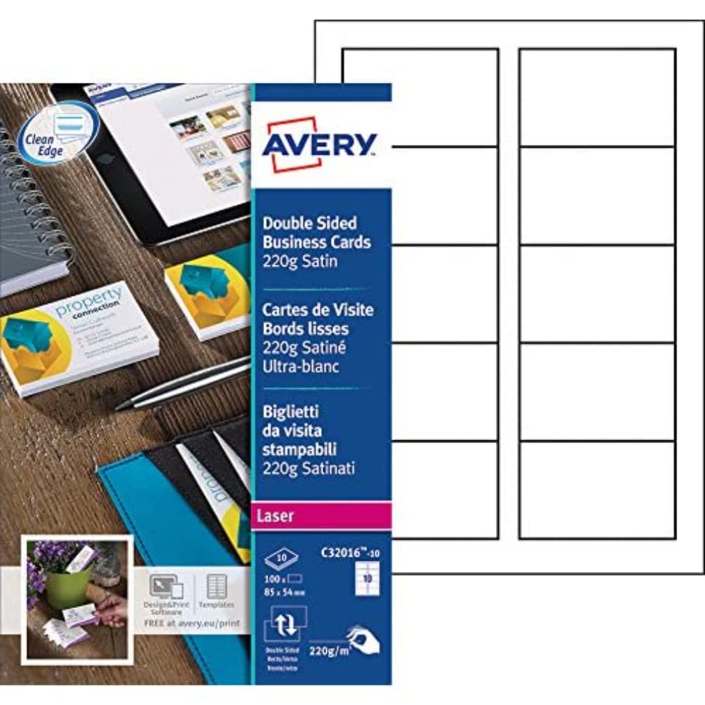 Avery C32016-10 Business Cards Smooth-Edged Satin-Look 220 g/m² for Colour and Monochrome Laser Printers 85 x 54 mm Set of 100