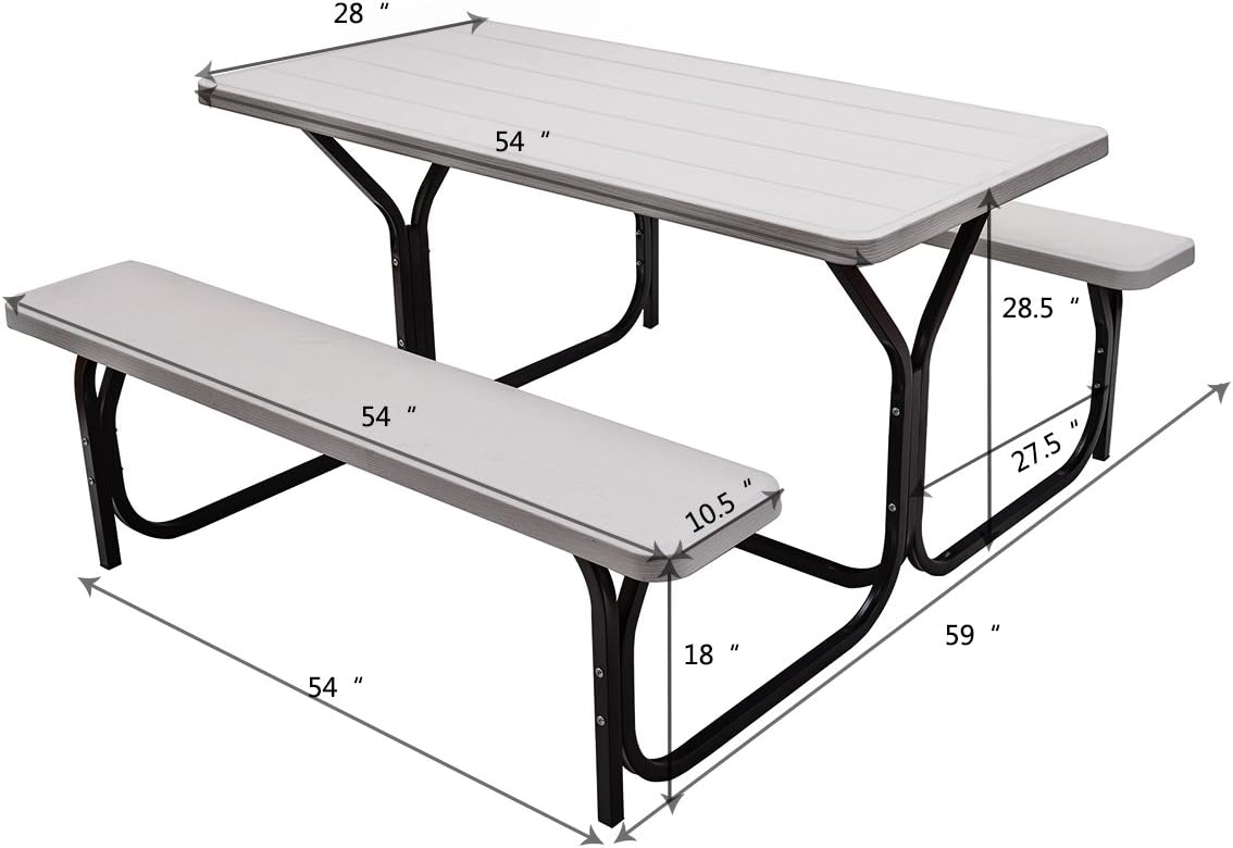 Giantex Picnic Table Bench Set Outdoor Camping All Weather Metal Base Wood-Like Texture Backyard Poolside Dining Party Garden Patio Lawn Deck Large Camping Picnic Tables for Adult (White): Kitchen & Dining