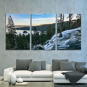 3 Panel Landscape Cascading Waterfall in Rocky Mountain...