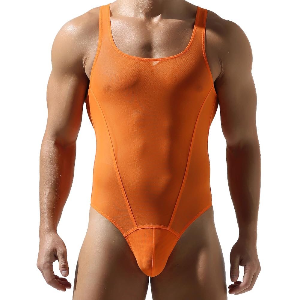 Photo 1 of ABAFIP Men's Mesh Undershirts Bodysuit Sleeveless Sheer Tank Top Jumpsuit Fitness Mankini Jumpsuit Singlet Rave Tanks Orange Medium