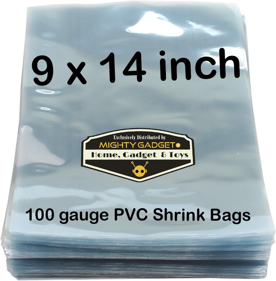 100 pcs Quality 9 x 14 inch PVC Shrink Wrap Bags for Books, Soaps, Bath Bombs, Bottles, Crafts & DIY Products by Mighty Gadget (R) - 100 gauge
