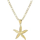 Starfish Pendant Necklace 14K Gold Silver Tone Stainless Steel Starfish Beach Jewelry for Women with Figaro Chain Necklace Summer Ocean