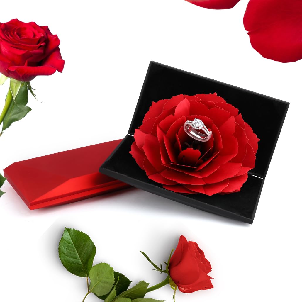 iSuperb Jewelry Box Rose Ring Box Flower Jewelry Gift Boxes Surprise Display Rings Holder Case Pendant Tray Valentine's Day Earrings Organizer for Woman and Girls (Red)