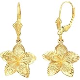 Textured 10k Gold Hawaiian Flower Plumeria Dangle Earrings (Small)