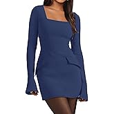 Simplee Womens Long Sleeve Mini Dresses Square Neck Casual Bodycon Party Club Formal Blazer Holiday Fall Short Dress