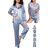 WJing Yi Jia Womens 5Pcs Silk Pajamas Set XS-2XL Satin Pajama Sets Silky Sleepwear Pjs Loungewear Button Down Pj Nightwear