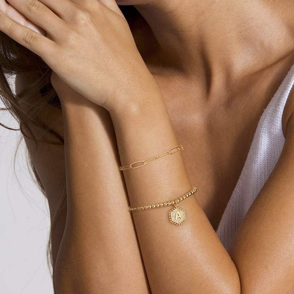 IEFWELL Dainty Gold Charm Bracelets for Women, 14K Gold Plated Bead Bracelet Letter K Paperclip Link Bracelets for Her Dainty Gold Charm Bracelets for Women Jewelry: Jewelry