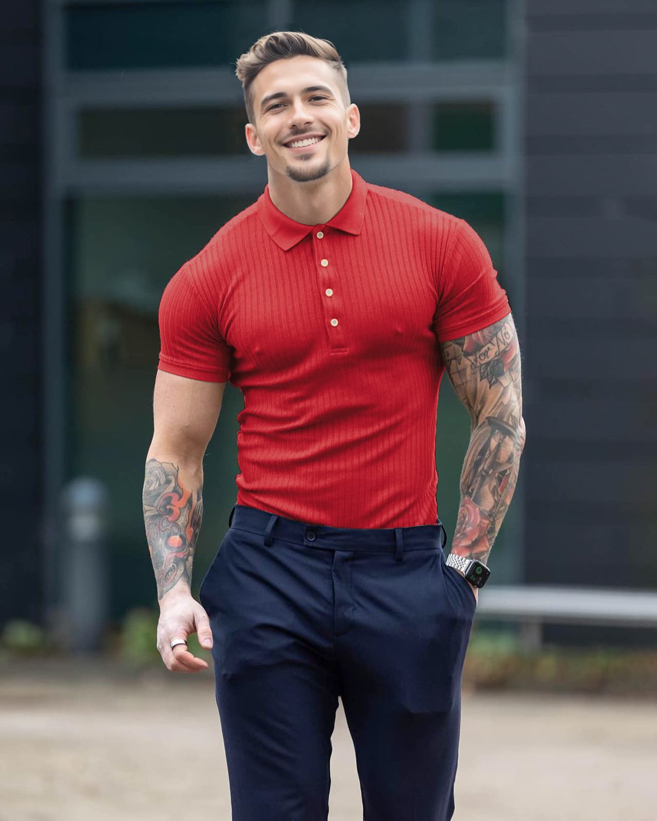 Muscle Polo Shirts for Men Short Sleeve Slim Fit Golf Shirts for Men Casual Dry Fit T Shirts Ribbed Knit Bowling Shirts