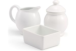 KooK Sugar and Creamer Set, 3 Piece, Pitcher, Sugar Bowl with Lid and Spoon, Sweetener Holder, White (Vintage Design)