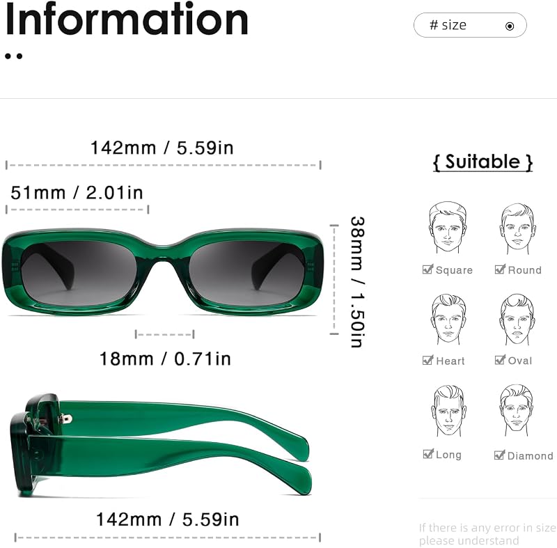 Lunettes de soleil pour femmes rétro vintage monture carrée étroite protection uv400 (Monture verte transparente/lentille grise avec dégradé) — photo 3 sur 6