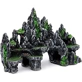PakyKai Large Fish Tank Decorations, Mountain View Aquarium Ornament with Tree House Cave Bridge Artificial Plastic Plants Aquarium Decorations