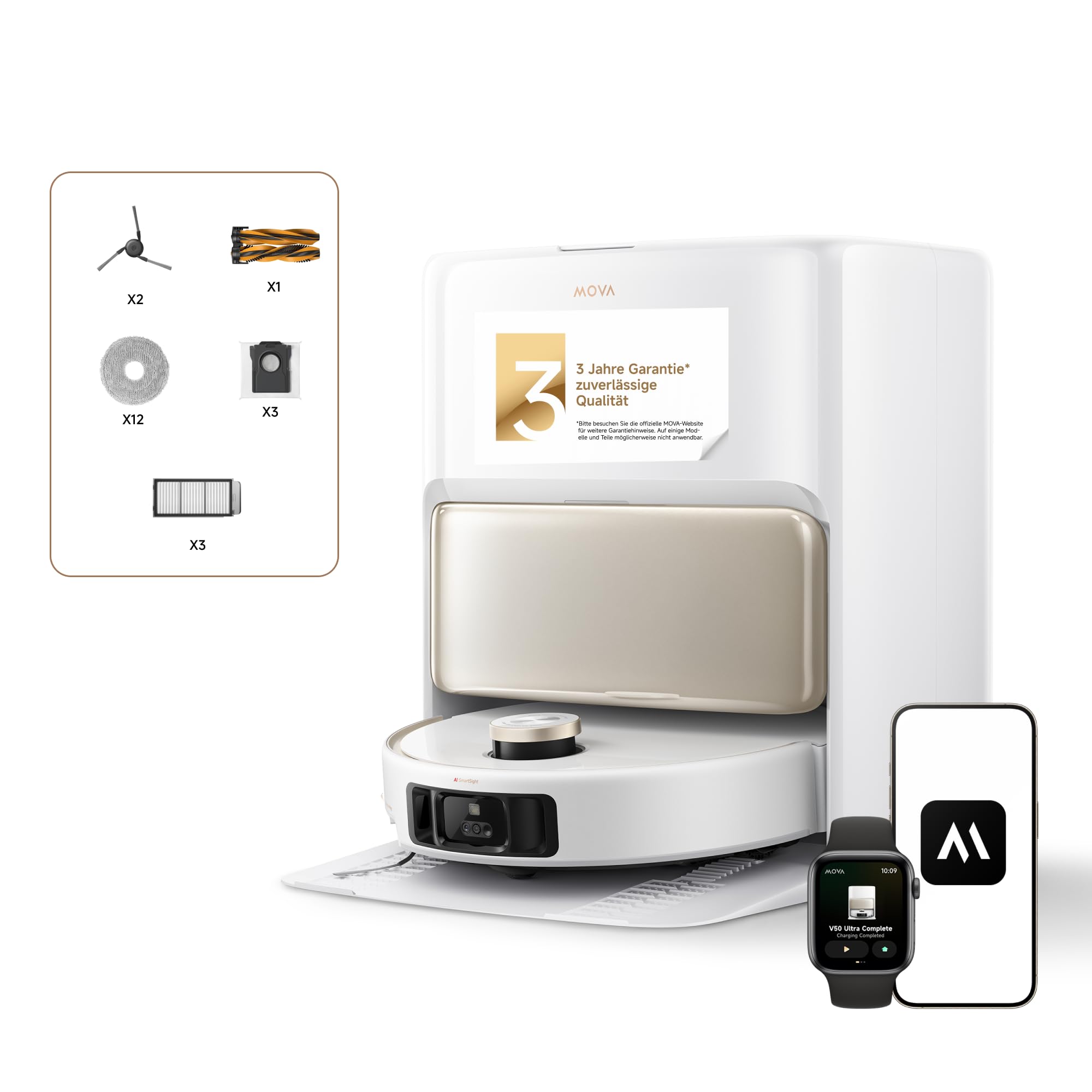 Mova V50 Ultra Complete Saugroboter mit Wischfunktion 24.000 Pa, 6cm Hindernisüberwindung, Liftable Navigation+RGB AI+LED, DuoSolution System, 80℃ Heißwasserwäsche & 63℃ Selbsttrocknung, Tricut Bürste