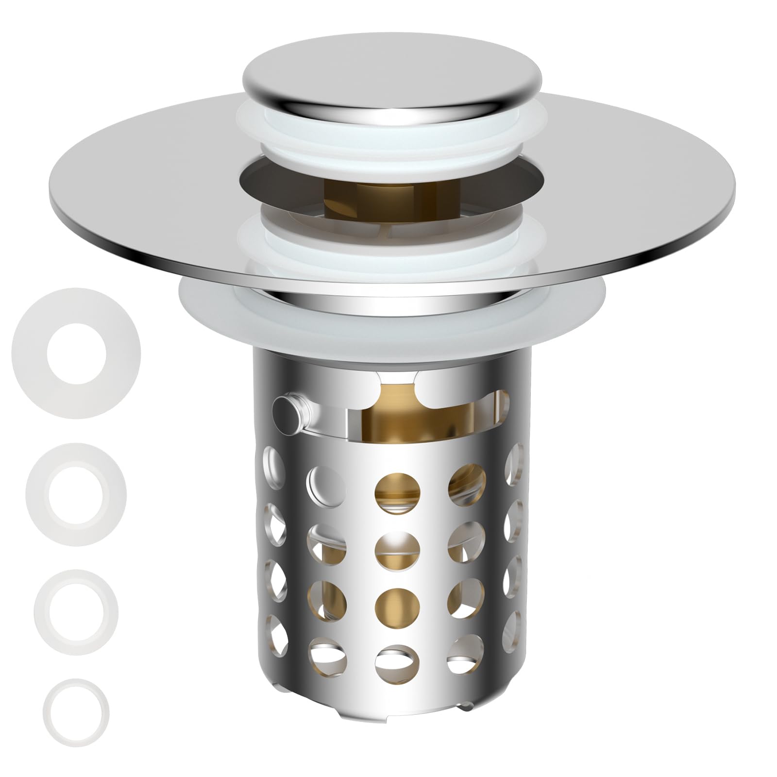 Photo 1 of Universal Bathroom Sink Drain Strainer Hair Catcher Upgraded with Removable Stainless Steel Filter Basket, 3 in 1 Pop Up Sink Stopper for 1.1''~2.36'' Sink Basin Hole, Chrome